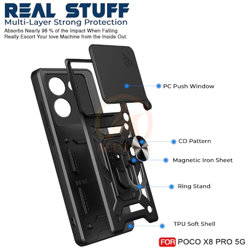 Image of Armor Bumper Back Cover Case for Poco X8 Pro 5G | Rotating Camera Cover, Ring Holder & Kickstand | Heavy Duty & 360 Degree Protection Poco X8 Pro 5G Back Cover (Black)