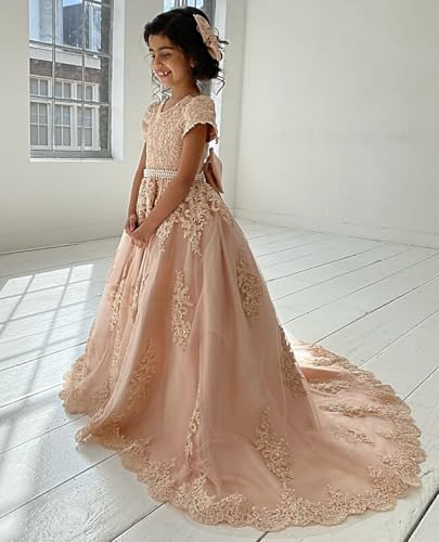 Girls Flower Girl Dress for Wedding Appliques Tulle Pageant Dresses Short Sleeves Girls Ball Gown with Bow3