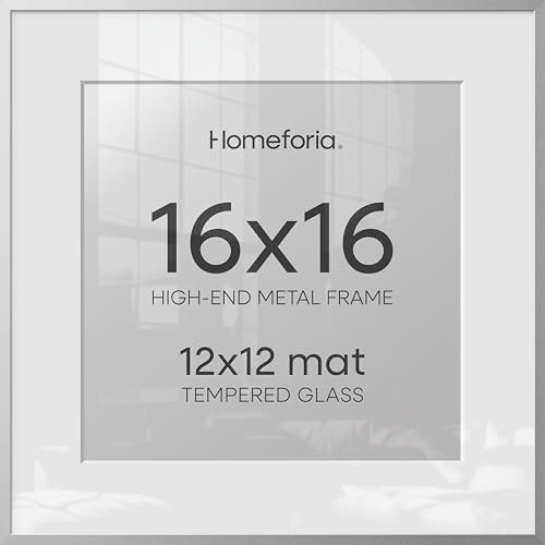 Image of Homeforia 16x16 Silver Picture Frame, High End Metal 16 x 16 Square Frame with Mat 12 x 12 Photo, 16x16 Poster Frames Matted to 12x12 Print, 16 by 16 Hanging Frames, Tempered Glass, Wall Kit, Set of 1
