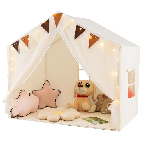 GLACER Kids Tent, Indoor Playhouse with Double-Layer Fabric & Mesh Curtains, Star Lights, Plaid Pennants, Breathable Windows & Washable Cotton Mat, Toddler Playhouse for Boys Girls Age 3+ (Beige)