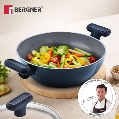 Image of BERGNER Jade 24cm (2.5L) Kadai with Glass Lid, Ceramic Non-Stick Coating, Sturdy Soft Touch Handles, PFOA /PFAS /PTFE Free, Healthy Cooking, Forged Aluminium - Induction and Gas Stove Ready