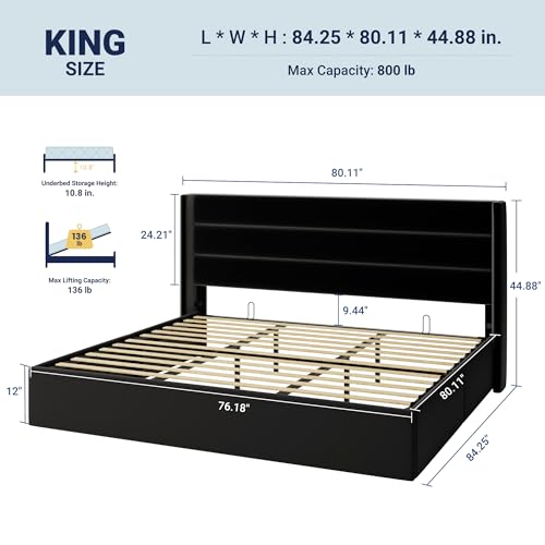 Image of Allewie King Size Velvet Lift Up Storage Bed, Modern Wingback Headboard, Hydraulic Support, No Box Spring Needed, Black