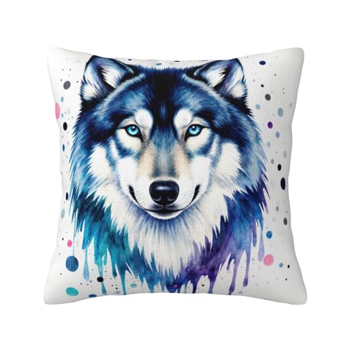 Watercolor Blue Wolf Portrait with Splatter Effects Art Decorative Linen-Look