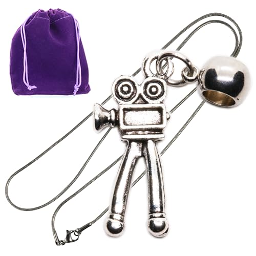 Collar de cámara vintage Dave The Bunny con colgante plateado y bolsa morada para cinéfilos