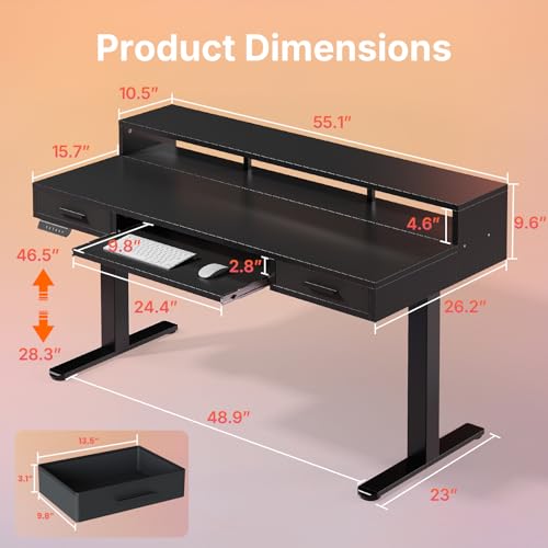 Image of HUANUO 55″ x 26″ Electric Standing Desk with 2 Drawers &24.4″ Large Keyboard Tray, C-Clamp Mount Compatible, Adjustable Computer Desk for Office, Sit Stand Up Desk with 4 Height Presets, Black