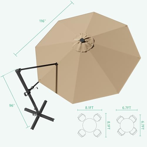 Image of Greesum 10FT Outdoor Patio Umbrella with High Pedel and 4 Gear Heights, Large Offset Market Umbrella with 360-degree Rotation, Without Base, Hanging Outdoor Shade for Garden, Lawn, Pool, Brown