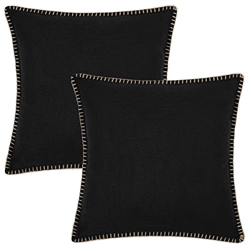 decorUhome Decorative Outdoor Throw Pillow Covers 18×18 Set of 2 Square Linen Rustic Farmhouse Pillow Covers with Stitched Edge for Couch Sofa Living Room Black