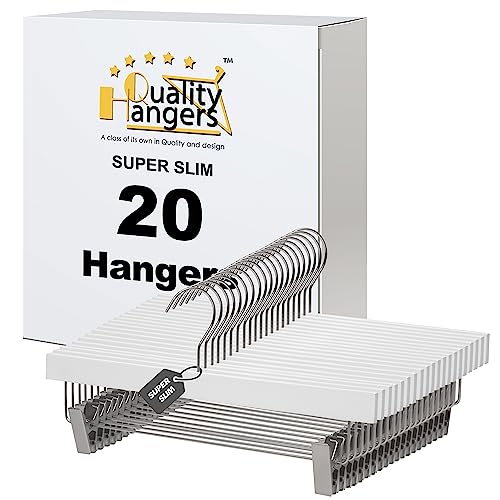 Quality Hangers Luxury Ultra Thin Space Saving Wooden Clothes Hanger - Skirt Hangers with Squared Pant Bar Best for Shirts Blouses Dress - White Hangers - 20 Pack