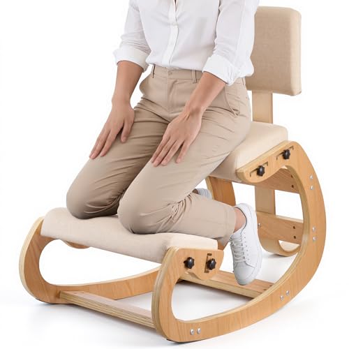 Image of VEVOR Ergonomic Kneeling Chair, Wooden Posture Knee Chair with Adjustable Thick Foam Cushions, Backrest and Wood Frame, Adjustable Height, Relief for Neck or Back Pain for Home, Office or Meditation