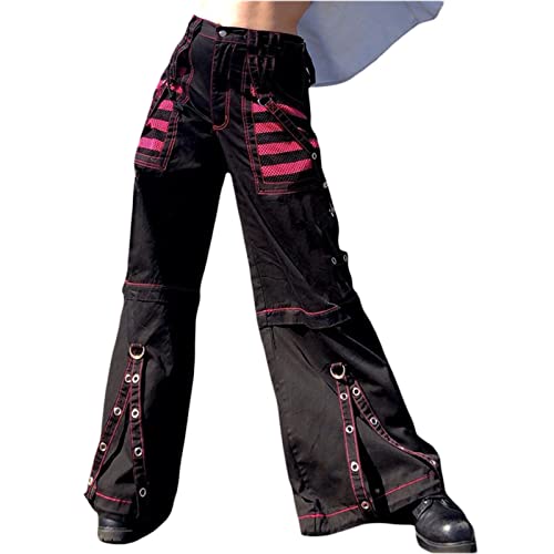 Women Gothic Baggy High Waist Pants Striped Button Hip-hop Strap Y2k Trousers with Pocket Streetwear2