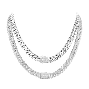 2PCS Cuban Link Chain for Men Women, 10MM Iced Out Diamond Chains 18K White Gold Plated Miami Chain Necklaces Choker Bling Luxury 5A+ CZ Hip Hop Mens Jewelry Silver Thick Cuban Chain 16/18/20/22inch