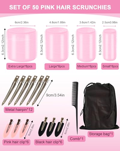 lulir Lockenwickler Set 50 Stück, Selbsthaftend Lockenwickler, Lockenwickler Groß & Klein,4 Größen (25/36/48/60mm) & mit Klammern, Selbsthaftend Hair Rollers für Lange,Mittlere & Kurze Haare(Rosa)