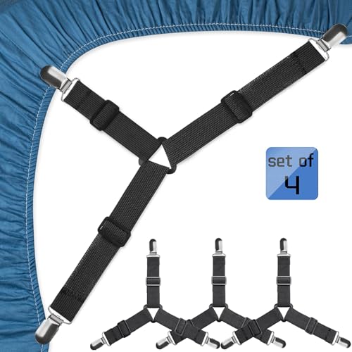 4Pcs Bed Sheet Straps Set, Elastic Fasteners with Metal Clips, Sheet Holders for Corners, Fitted Sheet Clips to Hold Sheets in Place, Bed Sheet Clips with Adjustable Bed Bands (Black)
