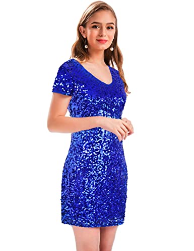 Image of MANER Women's Sequin Glitter Short Sleeve Dress Sexy V Neck Mini Party Club Bodycon Dresses
