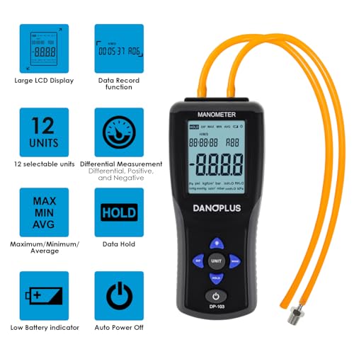 DANOPLUS DP-103 Manometer Digital Gas Pressure Tester Differential Pressure Gauge HVAC Air Pressure Meter with Backlight Data Record Function,Black