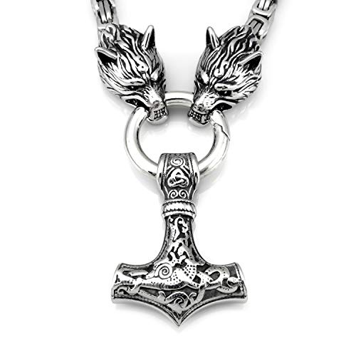 Collier viking en acier inoxydable massif Mjölnir avec loup Fenrir en argent Cover