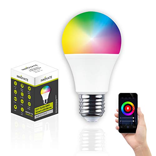 INNOVATE LED E27 SMART Glühbirne 1 Stk. [RGB CCT 10W 806lm WLAN Lampe 2700–6500K] TUYA App Steuerung dimmbar I LED Leuchtmittel Farblicht Warmweiß Kaltweiß I WiFi RGB LED Lampe