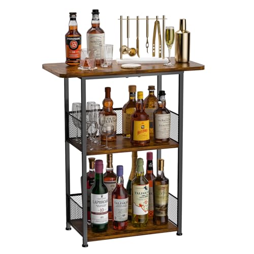Floor Standing Freestanding Whiskey Rack: 3 Tier Wine Rack Mini Bar Table Corner Wine Bottle Display Stand Liquor Cabinet Bar, for Bottles,Cocktail Shaker,Mugs