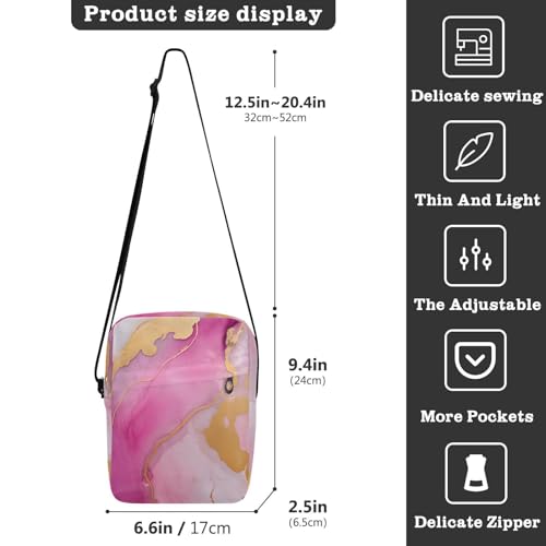 Crossbody Bag Pink Gold Marble Messenger Bag for Women Men Purse Shoulder Bag Satchel Bag with Adjustable Strap 214A47233