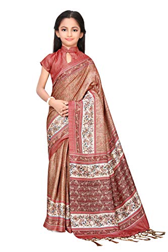 Image of AKHILAM Girls Ethnic Wear Pashmina Silk Saree with Unstitched Blouse Piece (Brown BBABY7504)