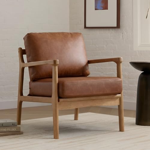 Ya-Home Fauteuils de Salon Rétro avec Accoudoir Fauteuil Chambre en Cuir PU avec Pied en Bois, Fauteuil Confortable pour Salon, Marron