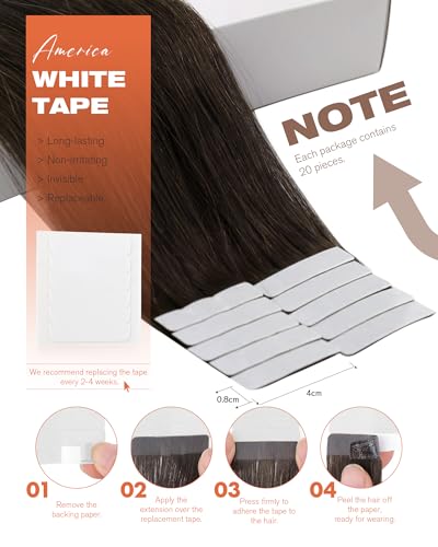Sunny Hair Tape in Hair Extensions Real Human Hair Invisible Remy Hair Extensions Tape ins for Women Dark Brown 18 inch 20Pcs 50G