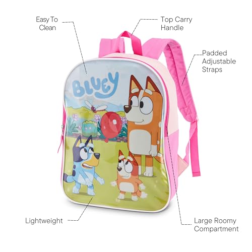 Fast Forward Bluey & Friends Backpack for Girls - Cute Kids School Bag with Stylish Design - Bluey Toddler Backpack - Travel Backpacks - Bookbag/Back Pack with Adjustable Straps - 15\"