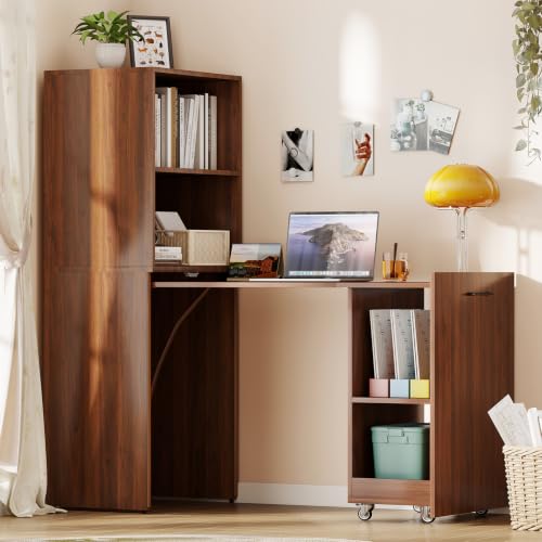 Image of Zevemomo Folding Desk, Convertible Table with Shelves & Wheels - Walnut | Folding Desk with Storage, Craft Cabinet with Fold Out Table, Compact Computer Desk for Small Space, Reversible L Shaped Desk