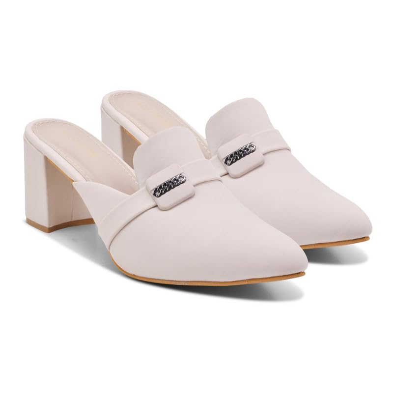 Women’s Beige Block Heel Mules | Slip-On Closed Toe Heels with Chain Buckle | Comfortable Party & Office Wear-image-36