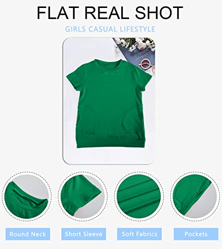 Haloumoning Girls Casual Short Sleeve T Shirts Color Block Tee Blouse Kids Loose Tunic Tops With Pockets Size 4-15 B-Green #TOP4