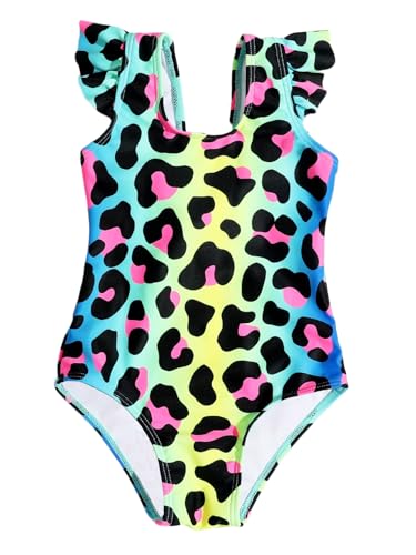 Image of NATUST Girl's Leopard One Piece Swimsuit Ruffle Bathing Suit for Girls Kids Summer Hawaii Beach Bright Swimwear Blue 5-6 Years