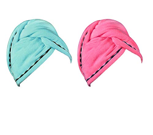 Luxspire Bonnet de Bain pour le Séchage des Cheveux, [Lot de 2] Turban en Microfibre pour les Cheveux Longs, Serviette de Douche pour le Bain avec Boutons, Facile à Sécher - Bleu et Rouge Rose