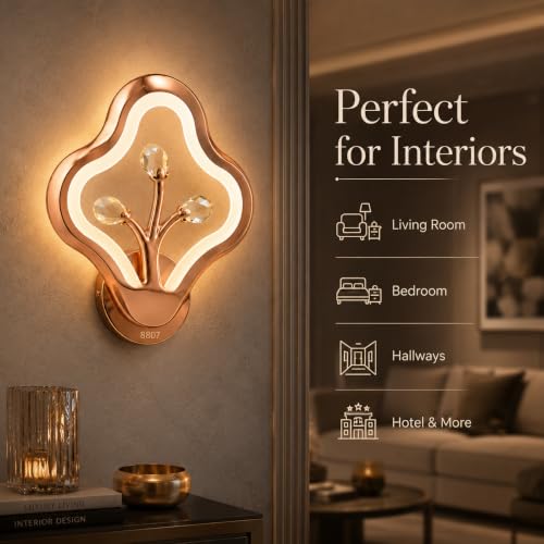 Image of Modern LED Wall Light | 3 Color Changing Rose Gold Decorative Wall Lamp for Living Room, Bedroom & Hallway | Crystal Accent Indoor Sconce with Warm, Neutral & Cool White Lighting