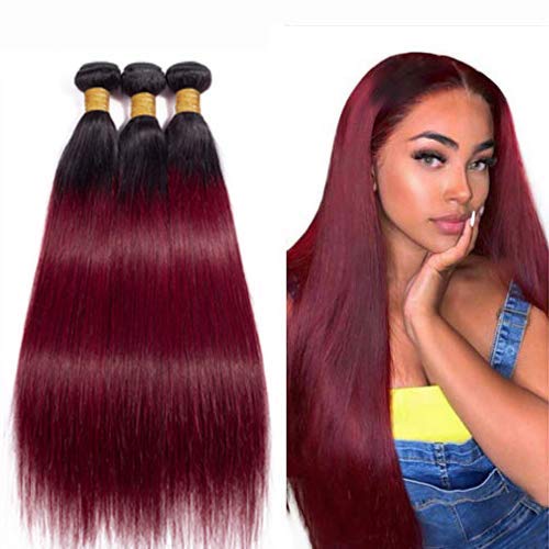 Straight Ombre Weft Hair Bundles Real Human Hair Straight Brazilian Hair Bundles Remy Weave Extension 1b/99j Hair Bundle Remy Hair Weft Natural Extension Bundles 14 16 18 Inch NIUDINNG
