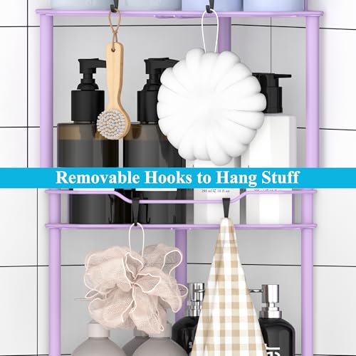 Image of HuggieGems Metal Floor Standing Corner Shower Caddy, Light Purple, 4 Tier | Adhesive Bathroom Organizer Shelves, Free Standing Shower Rack with Hooks, Hold Large Shampoo Bottles
