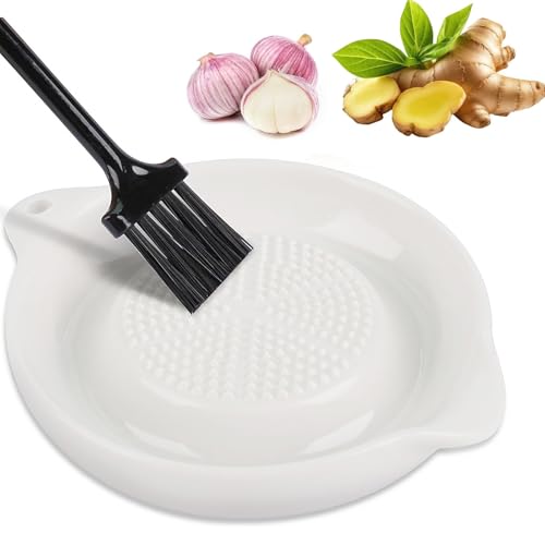 Ceramic Garlic Grater Plate with Brush Ginger Garlic Grater Dish Mini Porcelain Grater Plate for Garlic Ginger Onion Spices Easy Clean Dishwasher Safe Kitchen Grater Tool