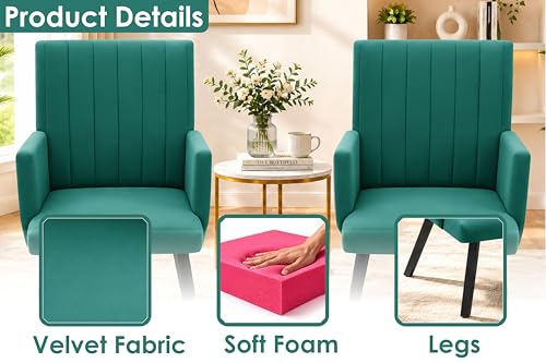 Image of Rosebell Modern Velvet Office Chairs Set of 2 with Armrests & Metal Legs | Upholstered High Back Leisure Chairs for Living Room, Bedroom, Office, Cafe & Dining Room | Green