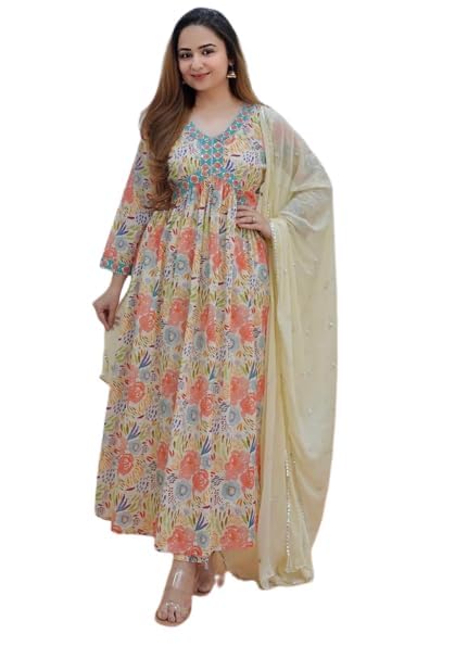 Women Multicolor Rayon Nayra Cut Embroidered Kurta with Pant and Dupatta set