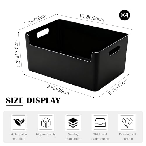 SHEPIN 4 Stück Gekerbte Aufbewahrungsbox Kunststoff Organizer Box Schwarz, Organizer Boxen mit Griff, Bad Aufbewahrungsboxen Plastik Aufbewahrungskorb & Behälter Kunststoffkorb für Badezimmer Kosmetik