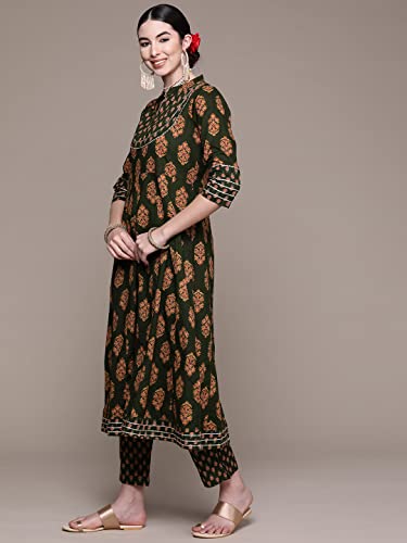 Image of anubhutee Women's Cotton Green Ethnic Motifs Printed Straight Kurta Suit Set With Palazzo And Dupatta