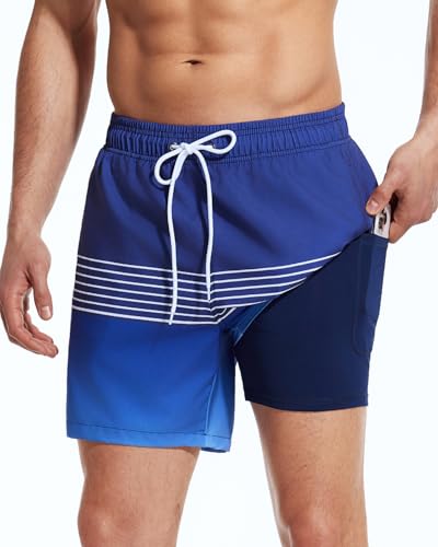 SILKWORLD Mens Swim Trunks with Compression Liner Quick Drying Swimsuit Shorts with Zipper Pockets, Black Blue Gradient, Medium2