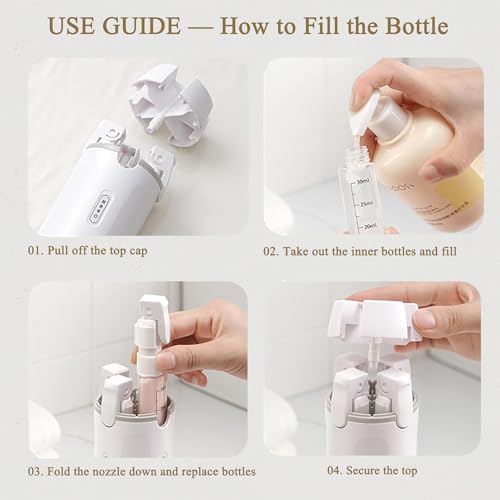 PIQOLA 4 in 1 Travel Dispenser Bottle, Leak Proof Refillable Travel Toiletry Containers, Travel Bottles Set Meets TSA 3-1-1 Requirements for about 3 Days Business Trip (Per Person), 4 x 30ml, White - image 4