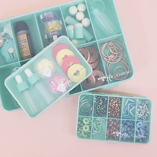 Image of Craftelier - Organizer Box with 17 Compartments for Cardmaking, Scrapbooking and Craft Supplies | Dimensions 26.5 x 17.8 x 4.2 cm (10.4 inch x 7 inch x 1.65 inch) - Transparent and Turquoise Color