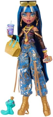 Monster High Cleo De Nile Puppe mit Kobra-Haustier | Mumie im Crop-Top und goldener Denim-Cargo-Hose mit Schlange Hissette, 7 Zubehörteilen wie Salat, Smoothie, JHK32