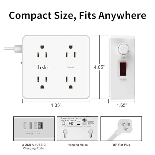 6 Ft Flat Extension Cord, Tcstei Ultra-Thin Flat Plug Surge Protector Power Strip, 3-Sided Outlet Extender, 8 AC Outlets and 4 USB Ports(1 USB C) for Home, Office, Dorm Room Essentials, ETL, White by Tcstei - Image 7