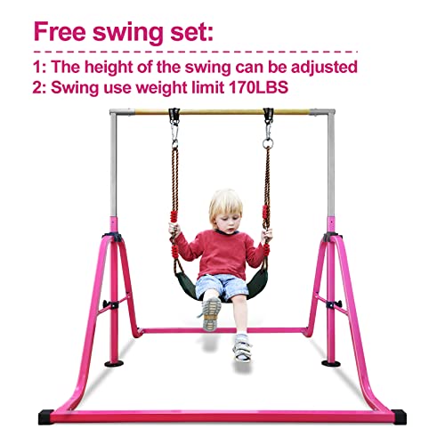 Ravs Gymnastics Bar For Kids With Swing Set, 8 Heights Adjustable Easy Folding Gymnastic Training Bar Kids Monkey Horizontal Bars - Max Load 300Lbs #TOP5