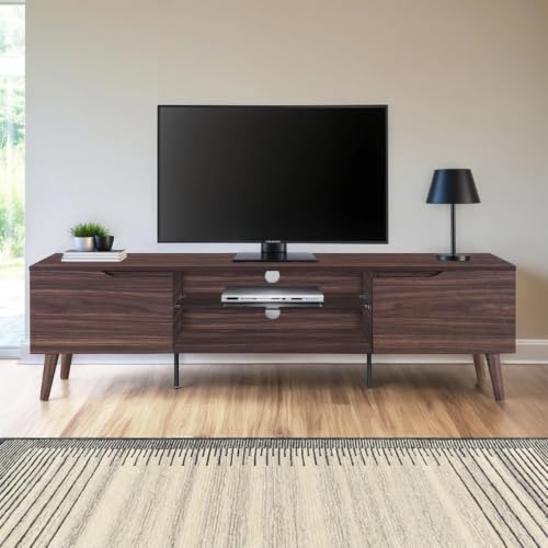 Image of Zenith TV Stand Entertainment Center & Modern Media Console Table for Living Room | Two Storage Doors | Tempered Glass Middle Shelf | Solid Wooden Legs | Comfort Brown