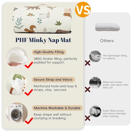 Image of PHF Soft Toddler Nap Mat with Removable Pillow, Rollup Design Kids Sleeping Mat, Slumber Bags for Boys Girls, 50 inchx20 inch Toddler Sleeping Bag for Daycare Preschool Travel Camping, Woodland