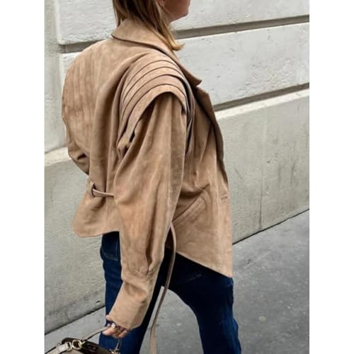 Khaki Jacket Notch Collar Ruched Belted Long Sleeve Wrap Irregular Vintage Fall Casual Streetwear Jacket3