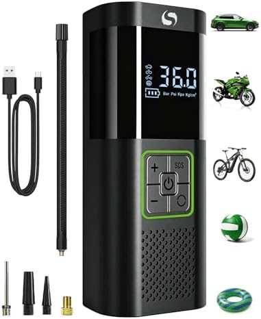 SERVOMASTER Elektrische Luftpumpe, Tragbar Mini Kompressor mit Manometer | Elektrische Luftpumpe Akku 150PSI, Luftpumpe Fahrrad mit LED für Auto Motorrad Fahrrad Kugel, Dunkelgrau